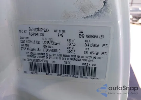 2002 Dodge Ram 2500 St from USA, damaged, VIN 3B7KC26652M279498